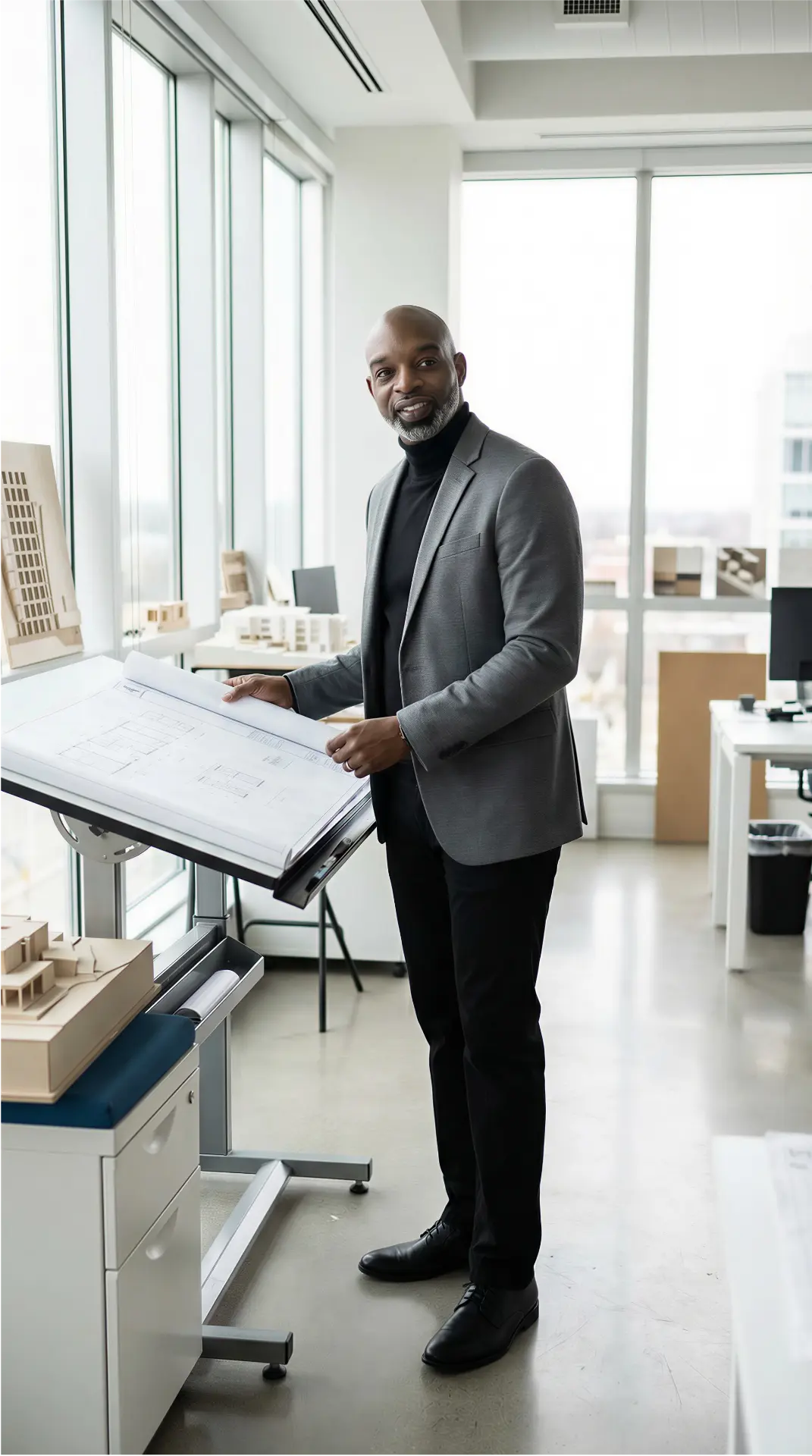 B. Antonio Brown, Founder and Managing Director, standing in an office reviewing plans
